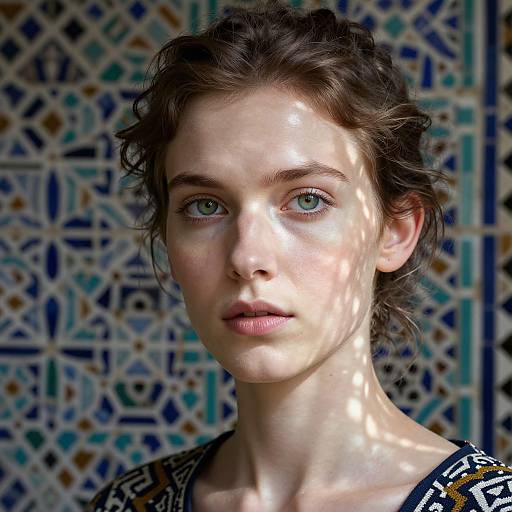 Photograph of a fair-skinned woman with green eyes, wavy brown hair, and patterned dress, standing in front of a blue and white