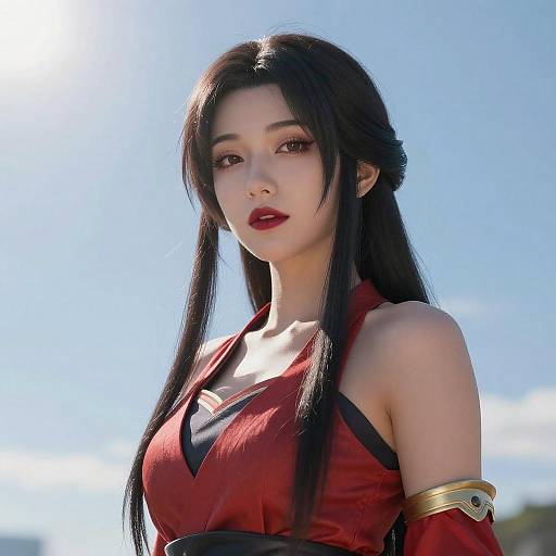 Photograph of an Asian woman with long black hair, red lipstick, and red dress with black accents, against a bright blue sky. She wears a