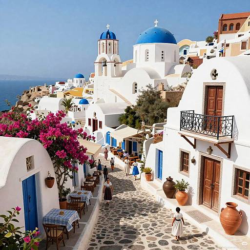 Photograph of a sunlit, white-washed Greek island street with blue domes, vibrant pink bougainvillea, potted plants, and