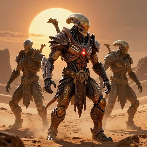 Digital artwork of three futuristic, armored, alien warriors with shiny helmets and glowing red eyes, standing in a desert under a bright sun.