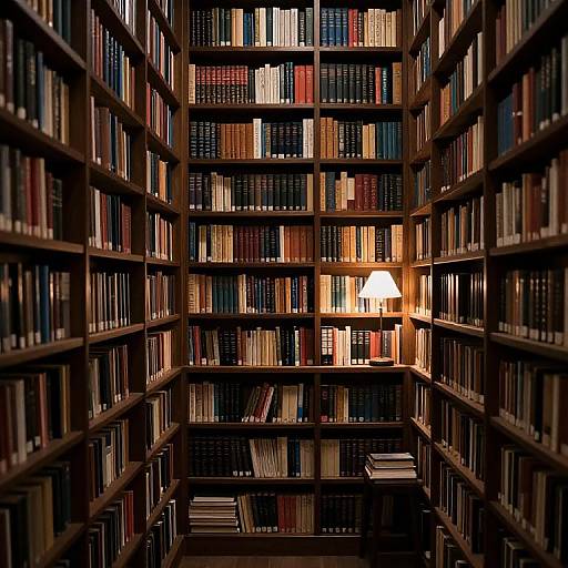 Photograph of a dimly lit, narrow library aisle with tall wooden bookshelves filled with multicolored books, a single warm lamp illuminating