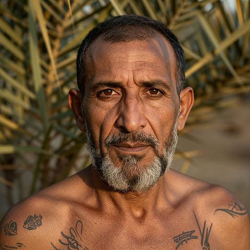 Photograph of a shirtless, middle-aged man with short gray beard, tattoos on his chest, brown eyes, and tan skin, standing against a