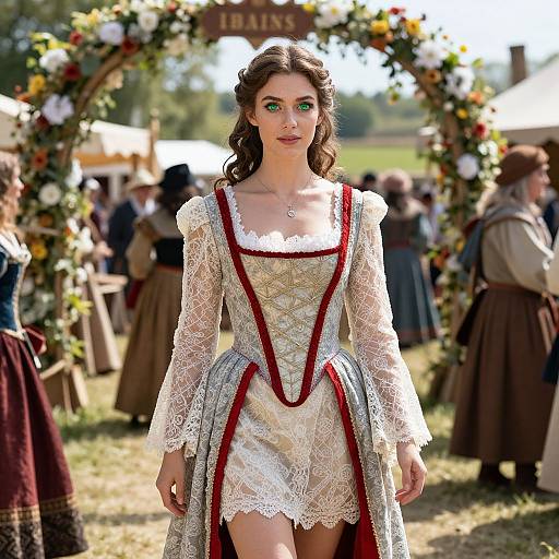 Photograph of a young woman with green eyes in a white, lace, medieval-style dress with red trim, walking in a sunny, outdoor wedding scene