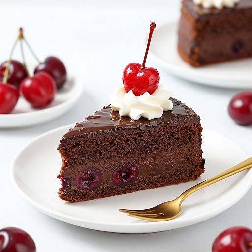 Photograph of a slice of chocolate cherry cake with glossy chocolate icing, topped with whipped cream and a cherry, on a white plate with a gold fork