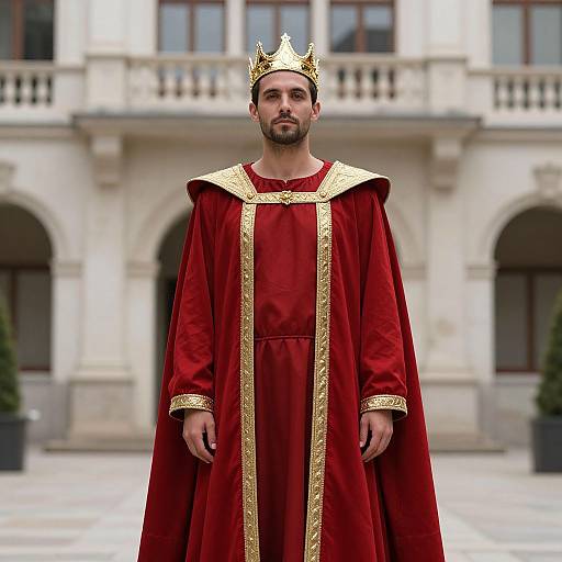 Photograph of a bearded man with a serious expression, wearing a gold crown and red regal robe with gold trim, standing in front of a