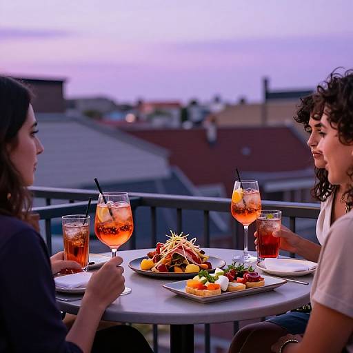 Photograph of two women with curly hair, seated on a rooftop terrace, enjoying a sunset meal with colorful cocktails and a plate of assorted food.
