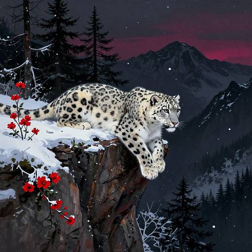 Digital painting of a white snow leopard with black spots, crouching on a snowy cliff, surrounded by red flowers and dark pine trees, against a