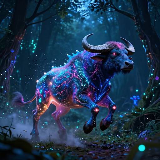 Neon Buffalo-Dragon in Bioluminescent Forest