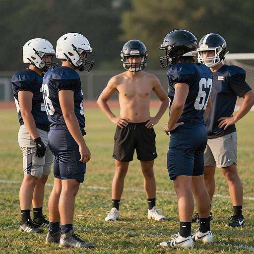 Photograph of five male football players in navy jerseys and white or black helmets, standing on grass field, one shirtless, discussing strategy.