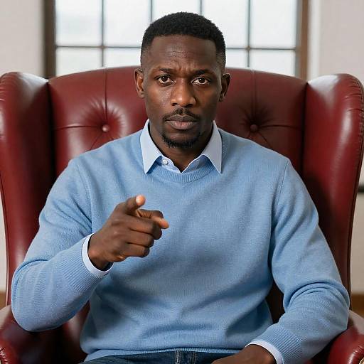 Serious Black Man Pointing in Red Armchair