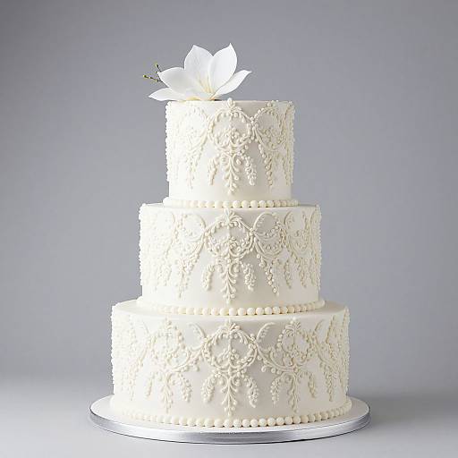 Photograph of a three-tiered white wedding cake with intricate lace-like icing patterns, topped with a glowing white flower, set against a gray background.