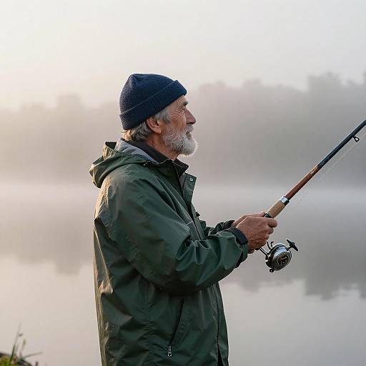 Elderly Fisherman at Misty Dawn Lake