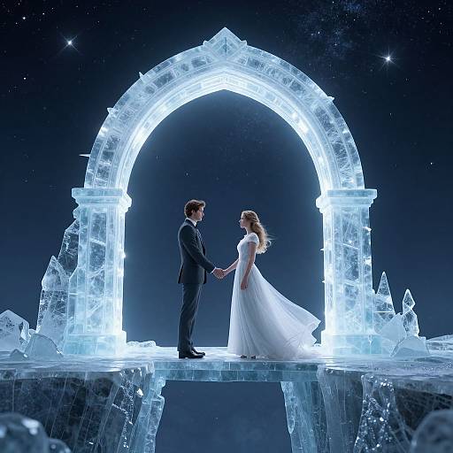 Photograph of a bride in a white gown and groom in a black suit, holding hands under a glowing, ice-arched portal against a star