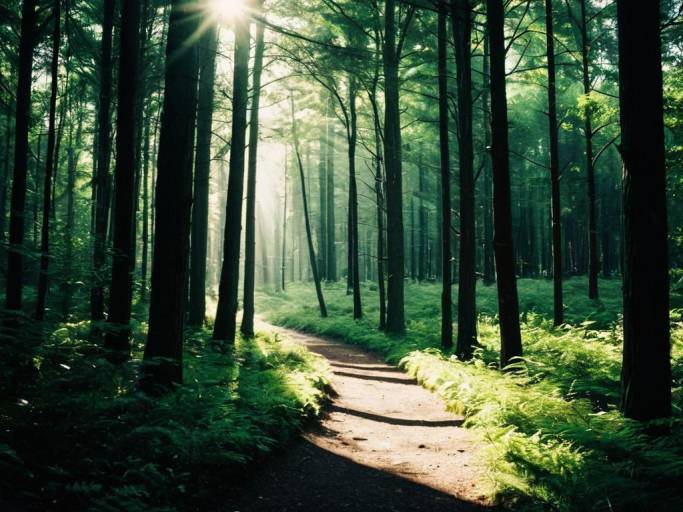 Enchanting Sunlit Forest Path Wallpaper