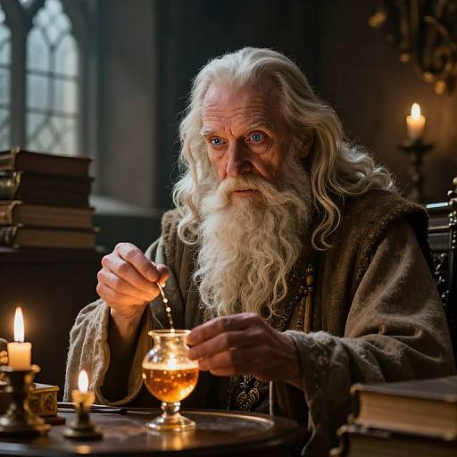 Elderly wizard with long white beard and intense blue eyes, holding a small glass cup, surrounded by candles and books in a dimly lit,