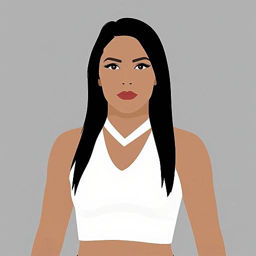Digital illustration of a woman with long black hair, brown skin, red lips, and wearing a white crop top, against a light blue background.