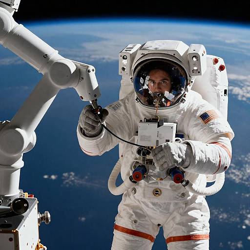 Focused Astronaut Repairing Robotic Arm in Space
