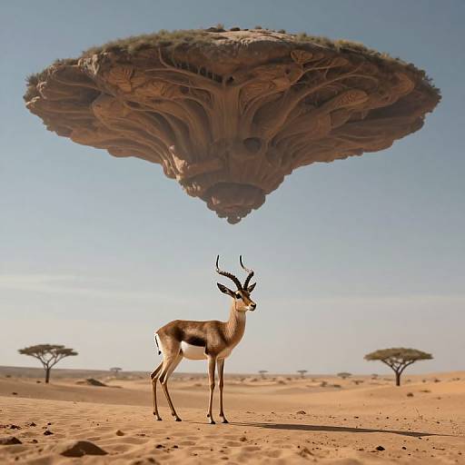 Photograph-style CGI of a slender antelope with long, curved horns standing in a desert under a massive, floating, mushroom-like structure.
