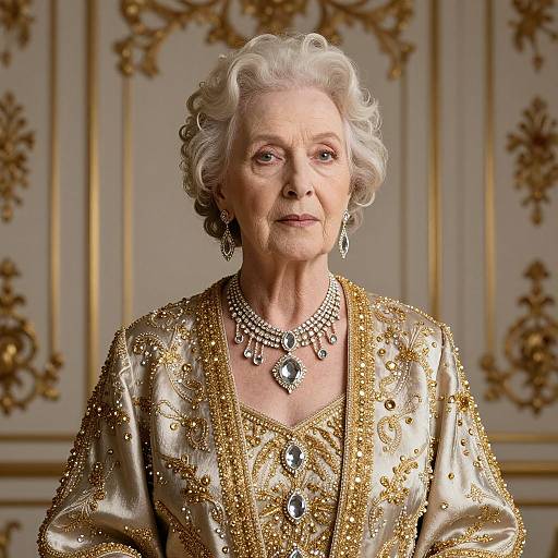 Photograph of an elderly, white-haired woman in an ornate, gold-embroidered gown with matching jewelry, standing in an opulent,