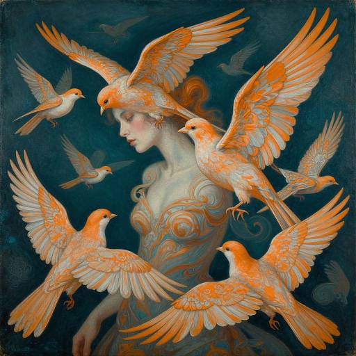 Digital painting of a fair-skinned woman with orange-feathered birds surrounding her, wearing an ornate, flowing gown, against a dark blue background