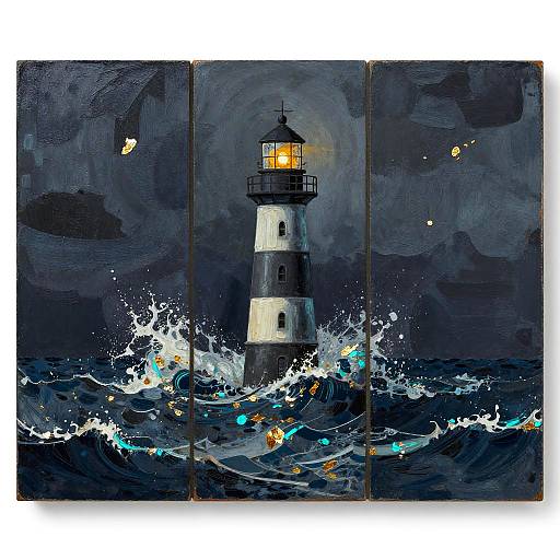 Stormy Lighthouse Encaustic Triptych