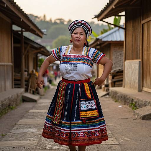 Photograph of a smiling indigenous woman in colorful traditional Andean dress, standing on a rustic village street with wooden buildings.