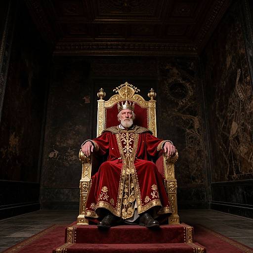Photograph of a bearded, white-haired king in an ornate, gold-accented red velvet throne, seated in a dark, marble-w