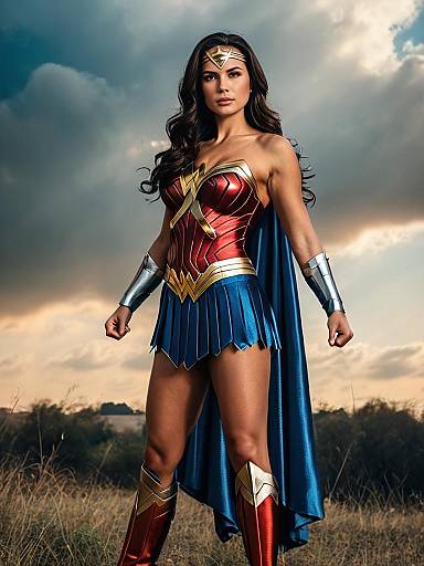 Photorealistic Wonder Woman Portrait, Dramatic Sky
