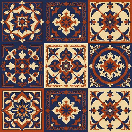 Nine intricately patterned, square tiles in a digital illustration style, featuring symmetrical, floral designs in blue, orange, and white.