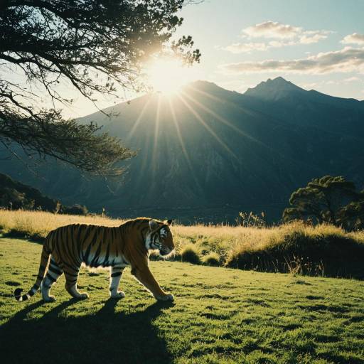 Tiger Walking on Grass at Sunrise