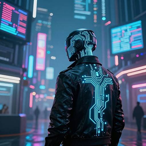 Cyberpunk city night scene: Back view of person in black leather jacket with glowing neon circuit patterns, neon-lit skyscrapers, and blurry