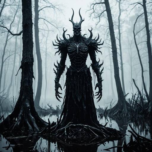 Nightmarish Black Skeletal Sentinel in Haunted Swamp