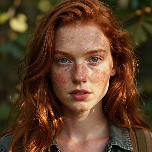 Photograph of a freckled, red-haired woman with blue eyes, wearing a denim jacket, set against a blurred green forest background.