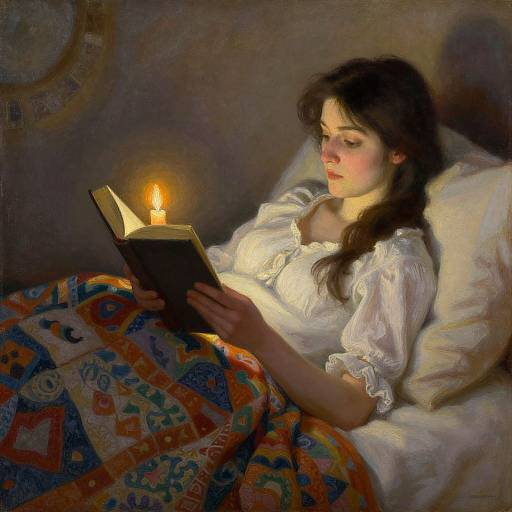 Oil painting of a young woman with dark hair, white blouse, and colorful quilt, reading a book by candlelight in bed.