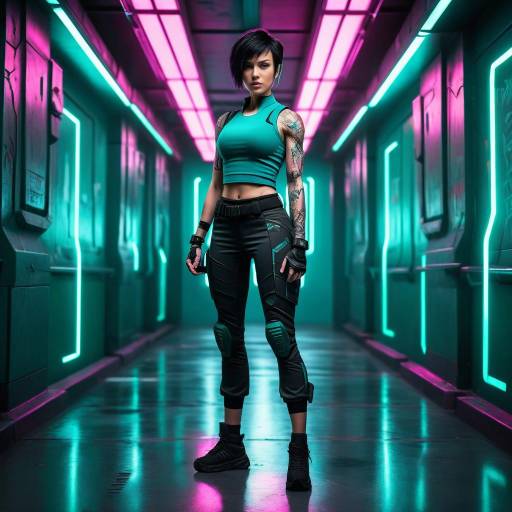 Futuristic Woman in Neon Corridor