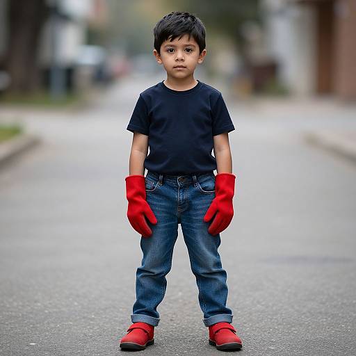 Boy in Red Gloves and Denim