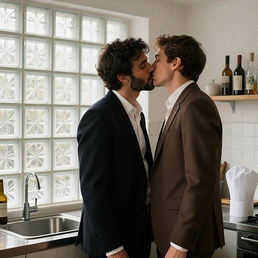 Two Men Kissing in Kitchen