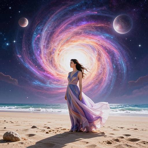 Digital art of a woman in a flowing purple dress standing on a beach, with a cosmic swirl of colorful stars and planets behind her.