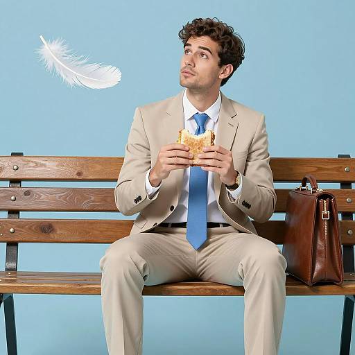 Man in Beige Suit on Wooden Bench