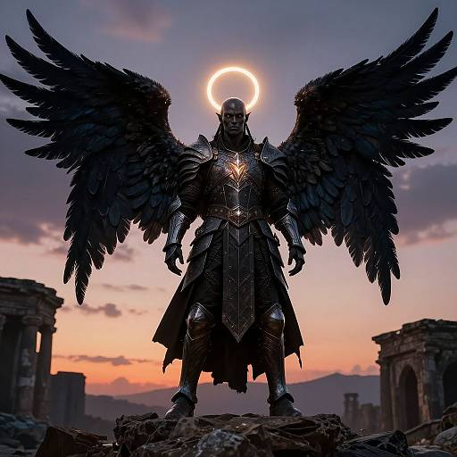 Photograph of a silhouetted, armored angel with black wings and glowing halo, standing on ruins against a pink and purple sunset sky.