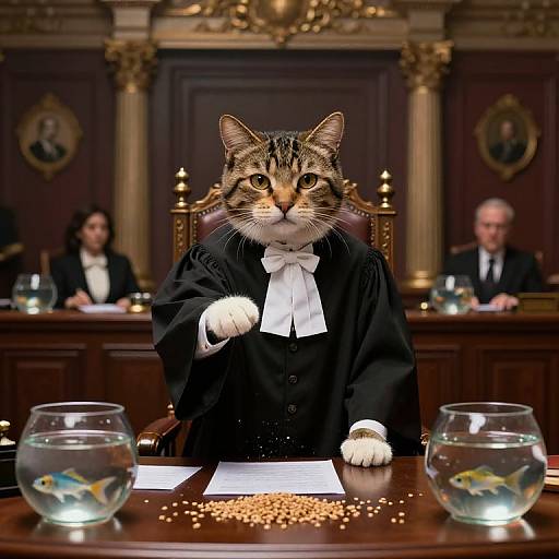 Feline Judge in Surreal Courtroom