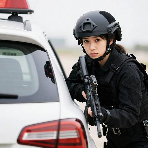 Woman in Tactical Gear with Rifle