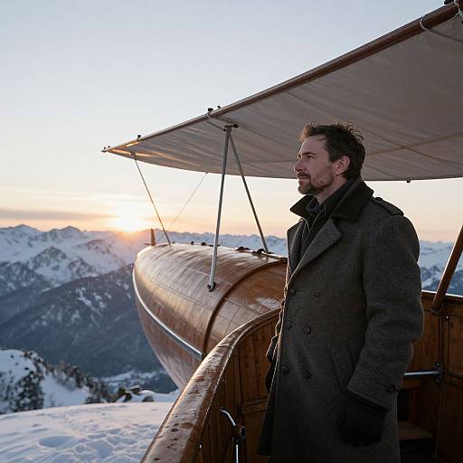 Historic Wooden Airship Over Snowy Mountains