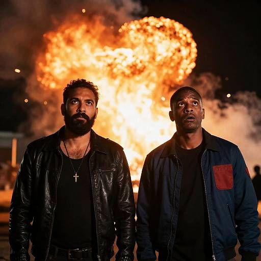 Two Men Standing Before Explosion