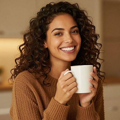 Photograph of a smiling, curly-haired woman with light brown skin, wearing a brown knitted sweater, holding a white mug in a warmly lit kitchen