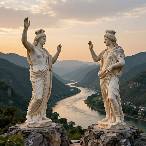 Photograph of two white marble statues of classical Greek goddesses with raised arms, standing on rocky outcrops, overlooking a winding river and mountainous