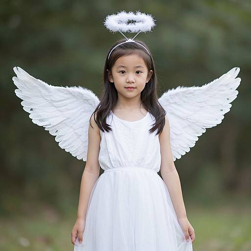 Photograph of an Asian girl with long black hair, wearing a white angel dress, halo, and feathered wings, standing outdoors.
