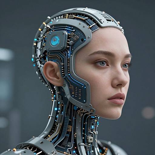 Photorealistic CGI of a young woman with a cybernetic head, featuring intricate blue and silver circuitry, against a dark background.