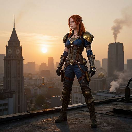 Digital artwork of a red-haired woman in steampunk armor standing confidently on a rooftop at sunset, with a cityscape and smokestacks in the