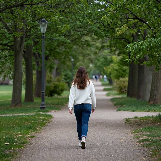 Photograph of a woman with long brown hair, white blouse, and blue jeans walking alone on a tree-lined park path.